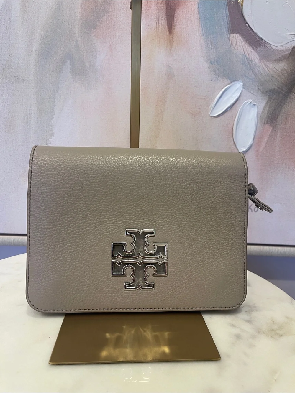 Tory Burch Pebbled Leather Crossbody in Taupe Gray